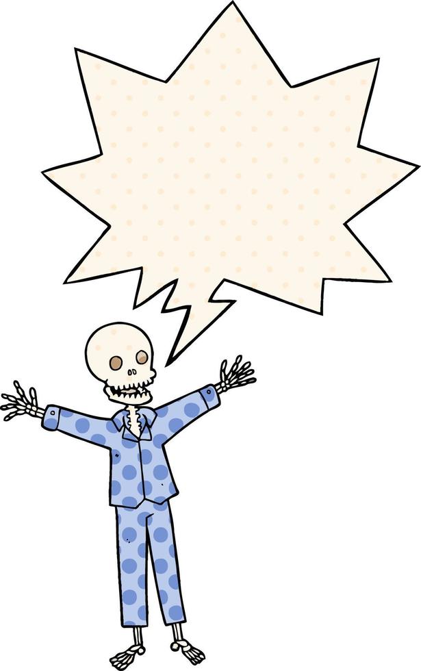 cartoon skeleton wearing pajamas and speech bubble in comic book style vector