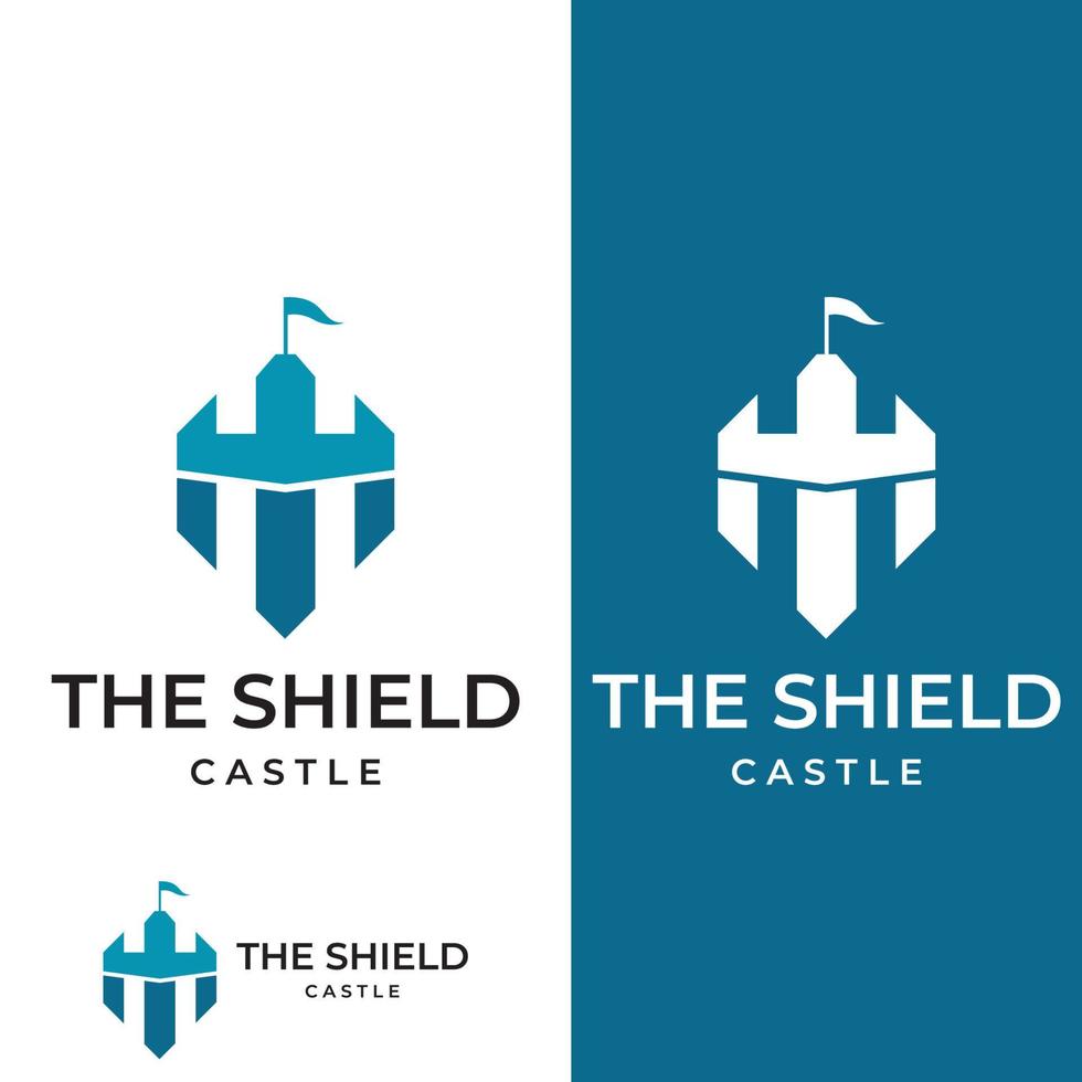 Castle logo silhouette, castle logo with shield combination design vector illustration template.