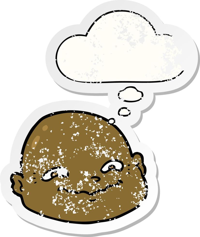 cartoon bald man and thought bubble as a distressed worn sticker vector
