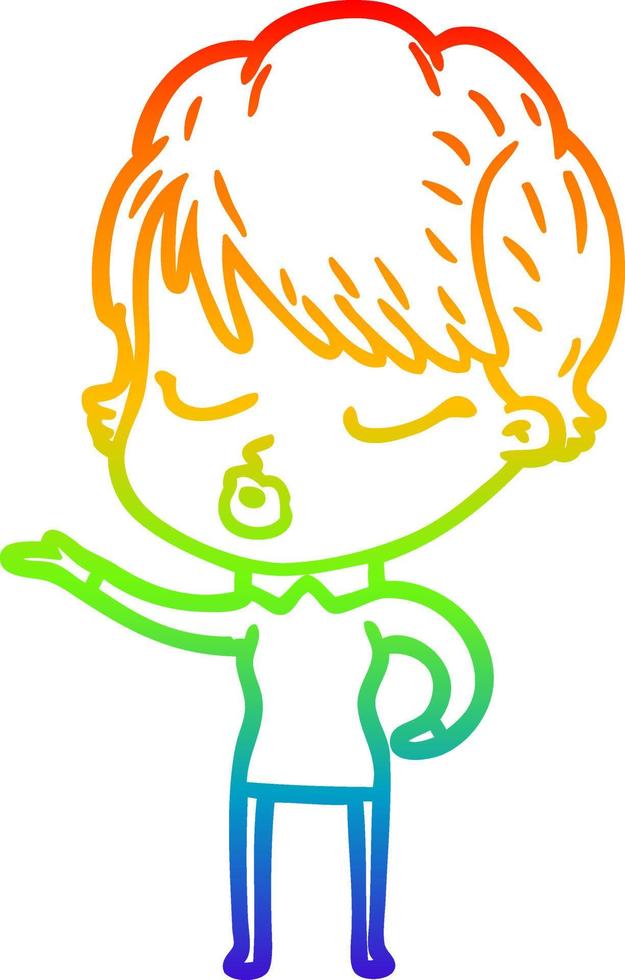 rainbow gradient line drawing cartoon woman with eyes shut vector