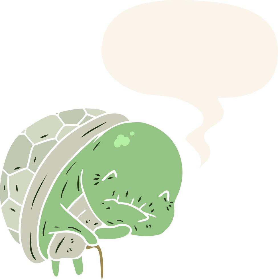 cute cartoon old turtle and walking stick and speech bubble in retro style vector