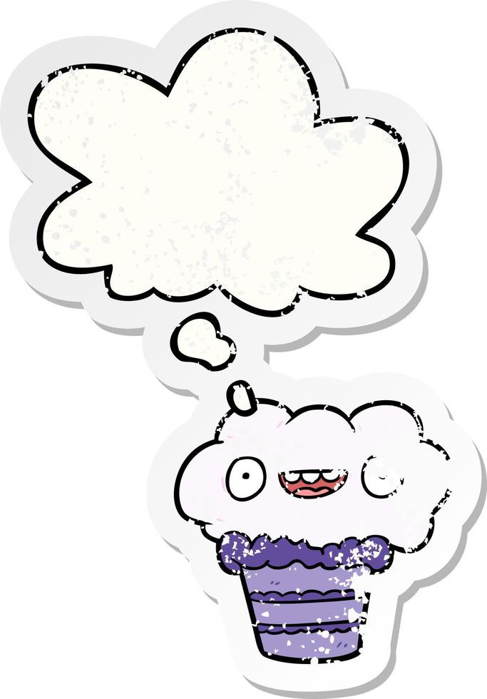 cartoon cupcake and thought bubble as a distressed worn sticker vector