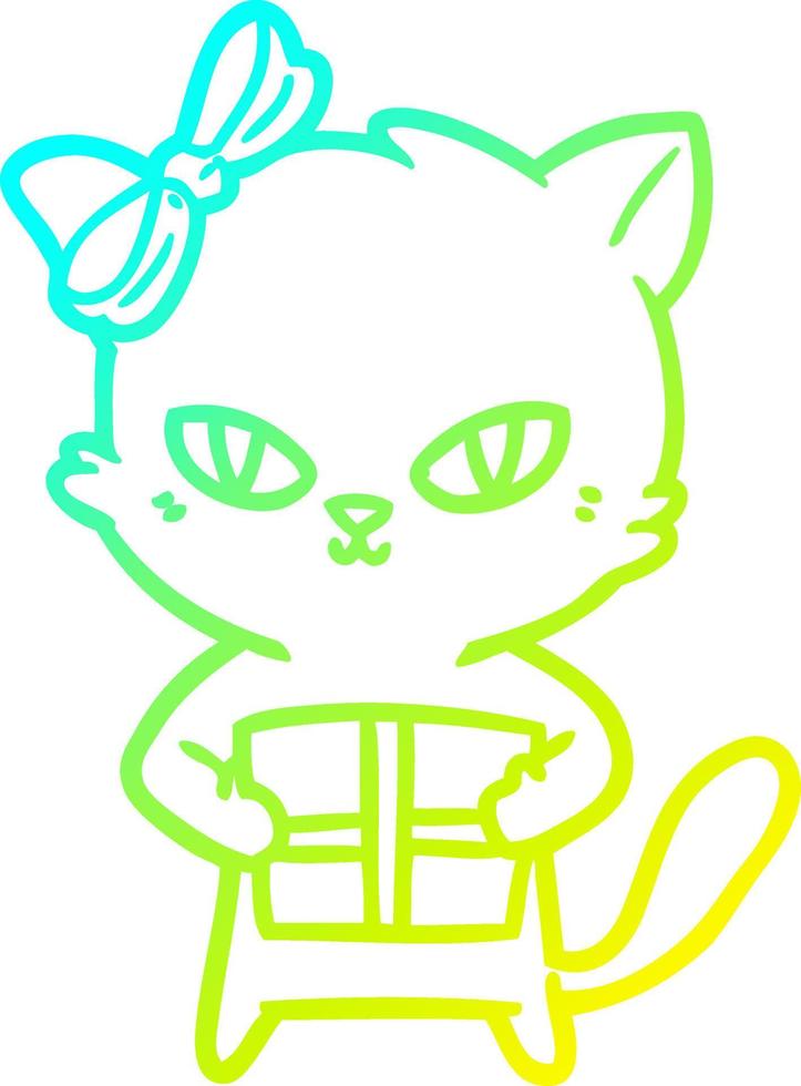 cold gradient line drawing cute cartoon cat with present vector