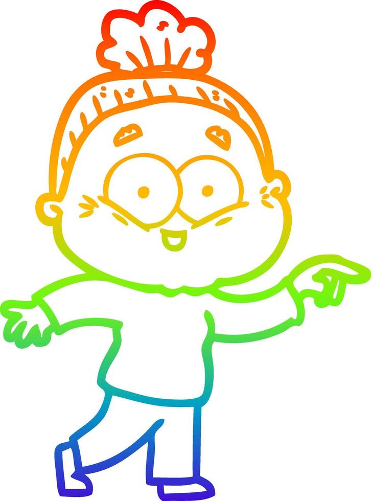 rainbow gradient line drawing cartoon happy old woman vector
