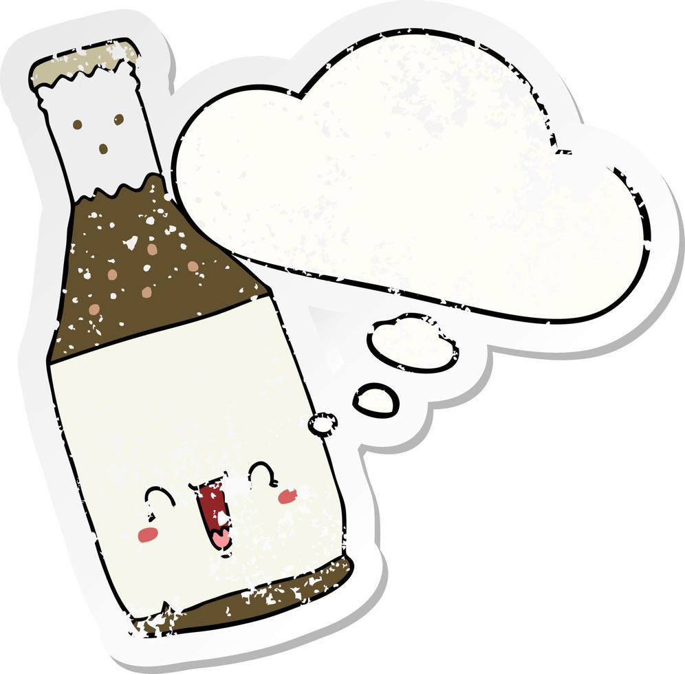 cartoon beer bottle and thought bubble as a distressed worn sticker vector