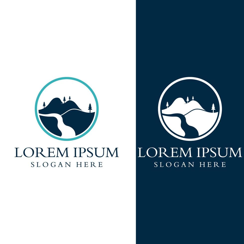 Logos of rivers, creeks, riverbanks and streams. River logo with combination of mountains and farmland with concept design vector illustration template.