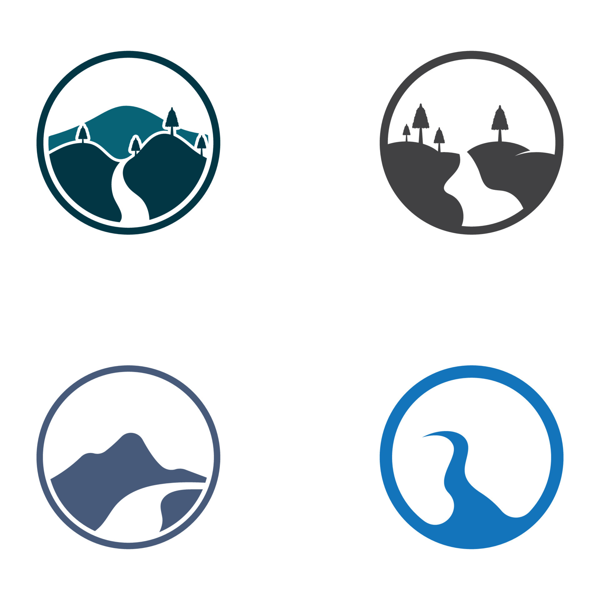 Logos of rivers, creeks, riverbanks and streams. River logo with
