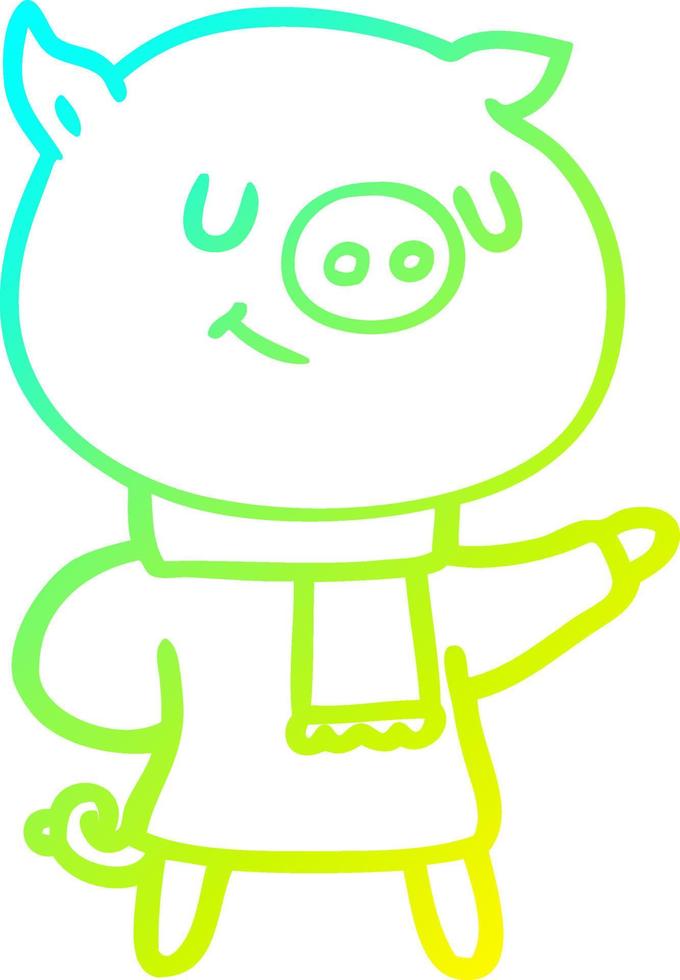 cold gradient line drawing happy cartoon pig vector