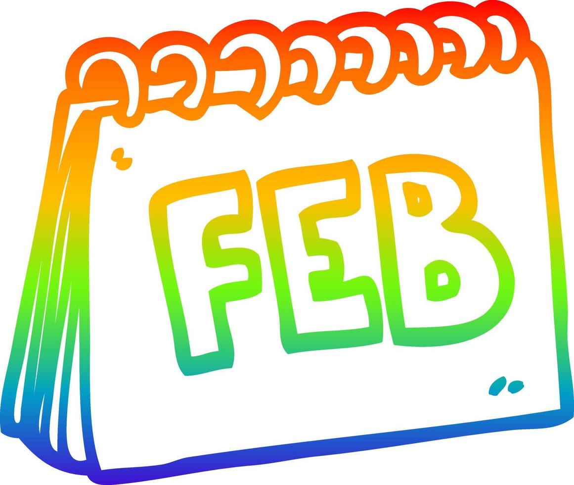 rainbow gradient line drawing cartoon calendar showing month of February vector