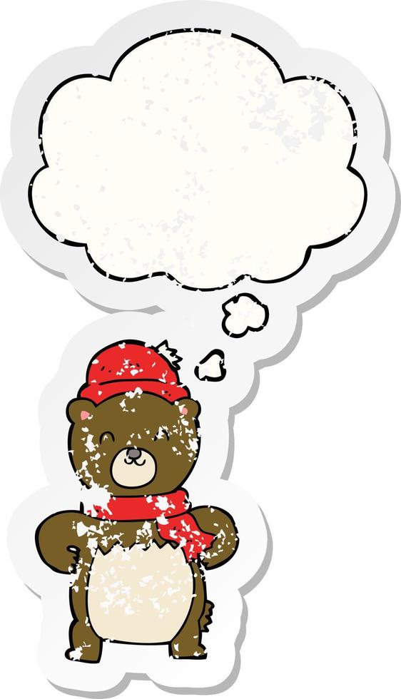 cute cartoon bear and thought bubble as a distressed worn sticker vector