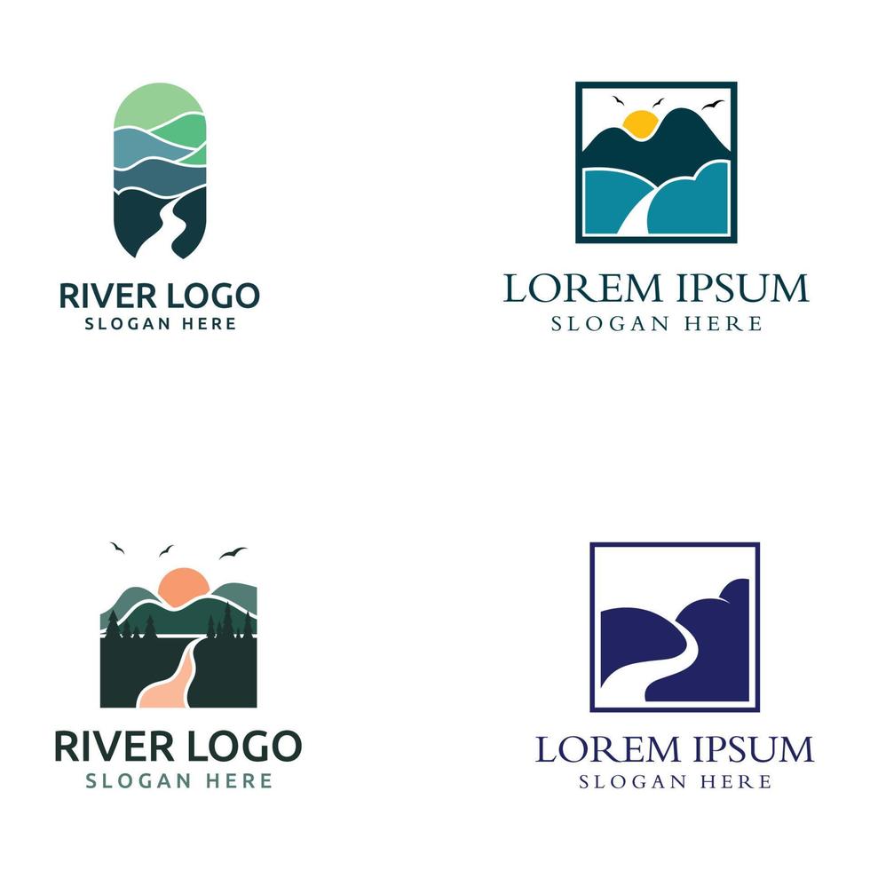 logotipos de ríos, arroyos, riberas y arroyos. logotipo del río con combinación de montañas y tierras de cultivo con plantilla de ilustración vectorial de diseño conceptual. vector