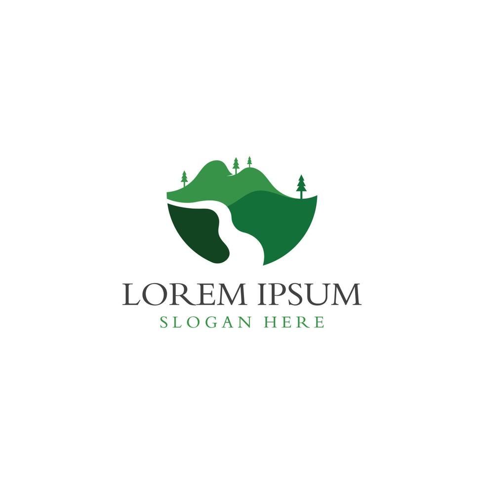 Logos of rivers, creeks, riverbanks and streams. River logo with combination of mountains and farmland with concept design vector illustration template.