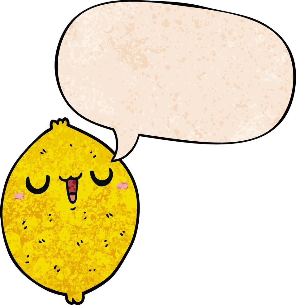 cartoon happy lemon and speech bubble in retro texture style vector