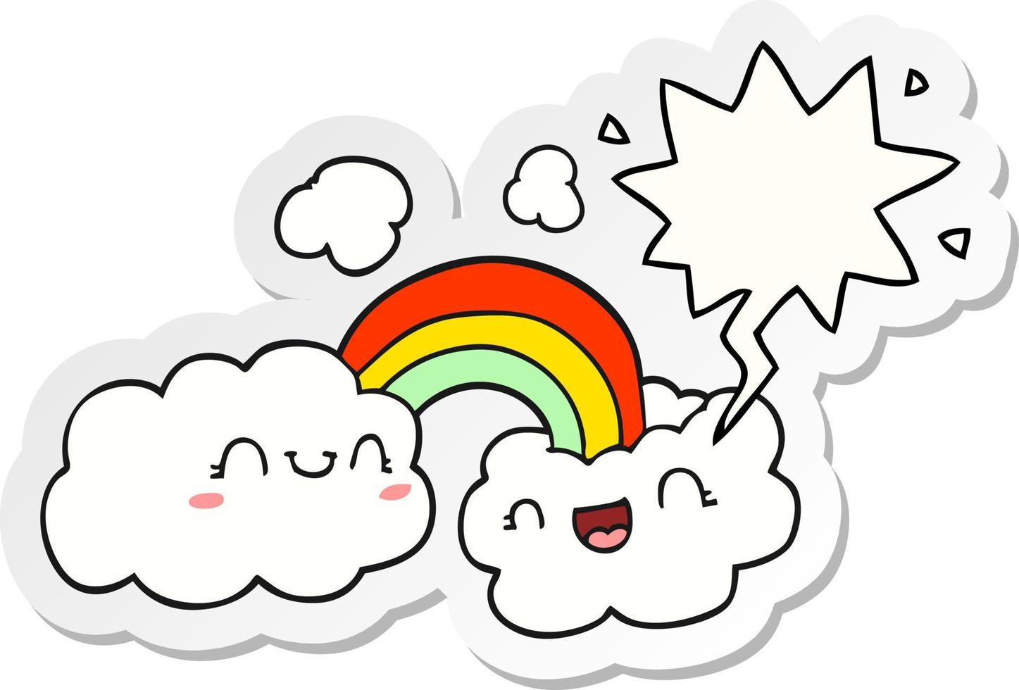 happy cartoon clouds and rainbow and speech bubble sticker vector