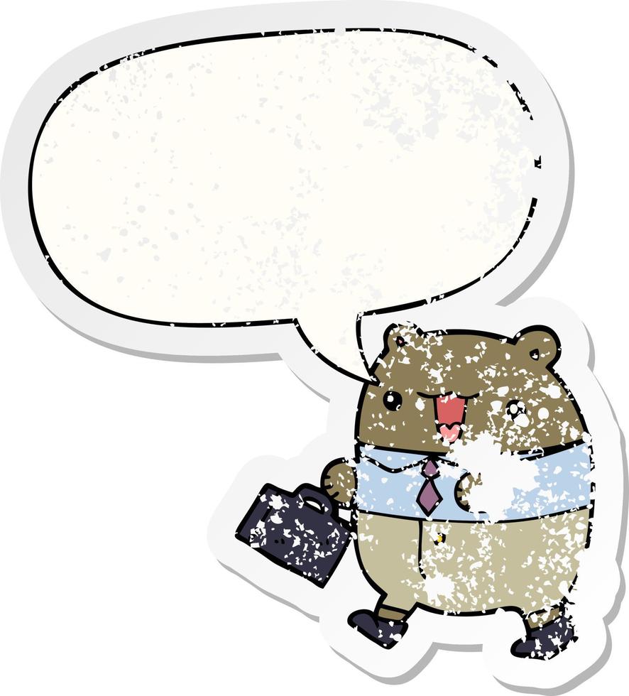 cute cartoon business bear and speech bubble distressed sticker vector
