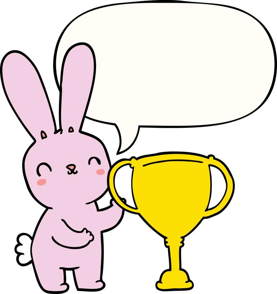 cute cartoon rabbit and sports trophy cup and speech bubble vector