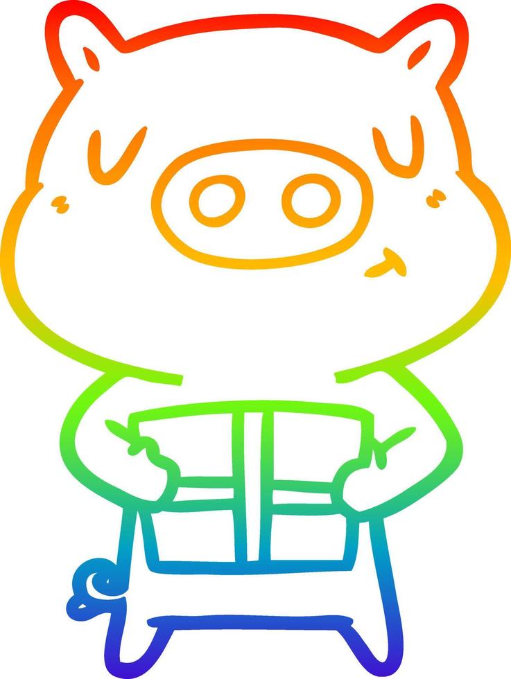 rainbow gradient line drawing cartoon christmas pig vector