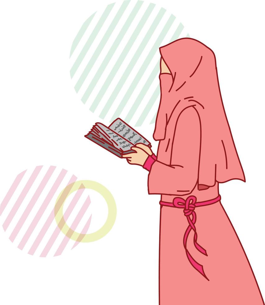 mujer musulmana en hijab elegante sosteniendo un libro vector