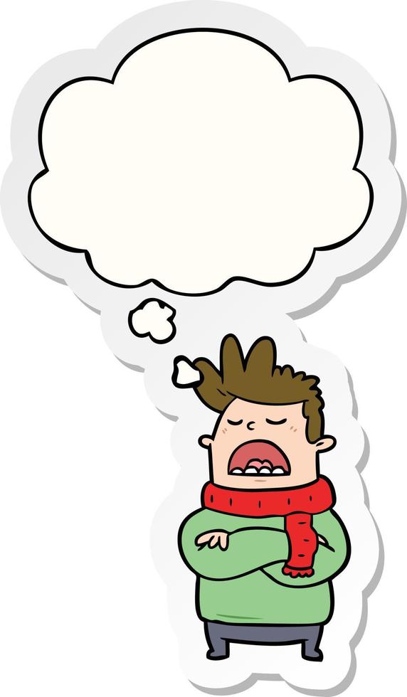 cartoon obnoxious man and thought bubble as a printed sticker vector