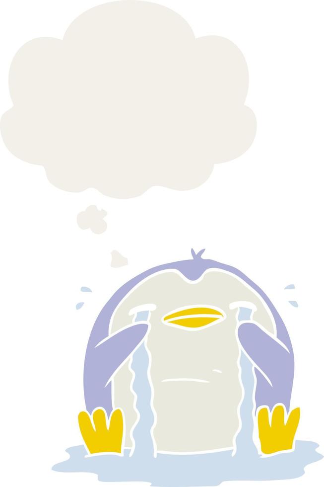 cartoon crying penguin and thought bubble in retro style vector