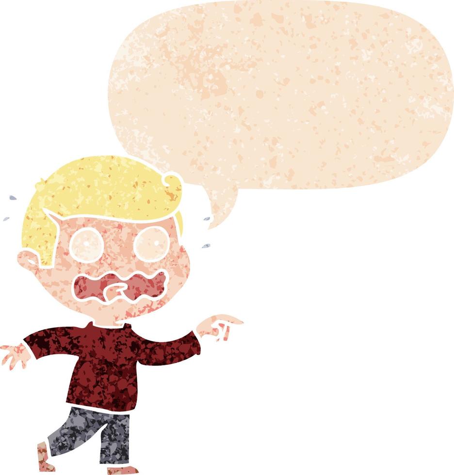 cartoon stressed out pointing and speech bubble in retro textured style vector