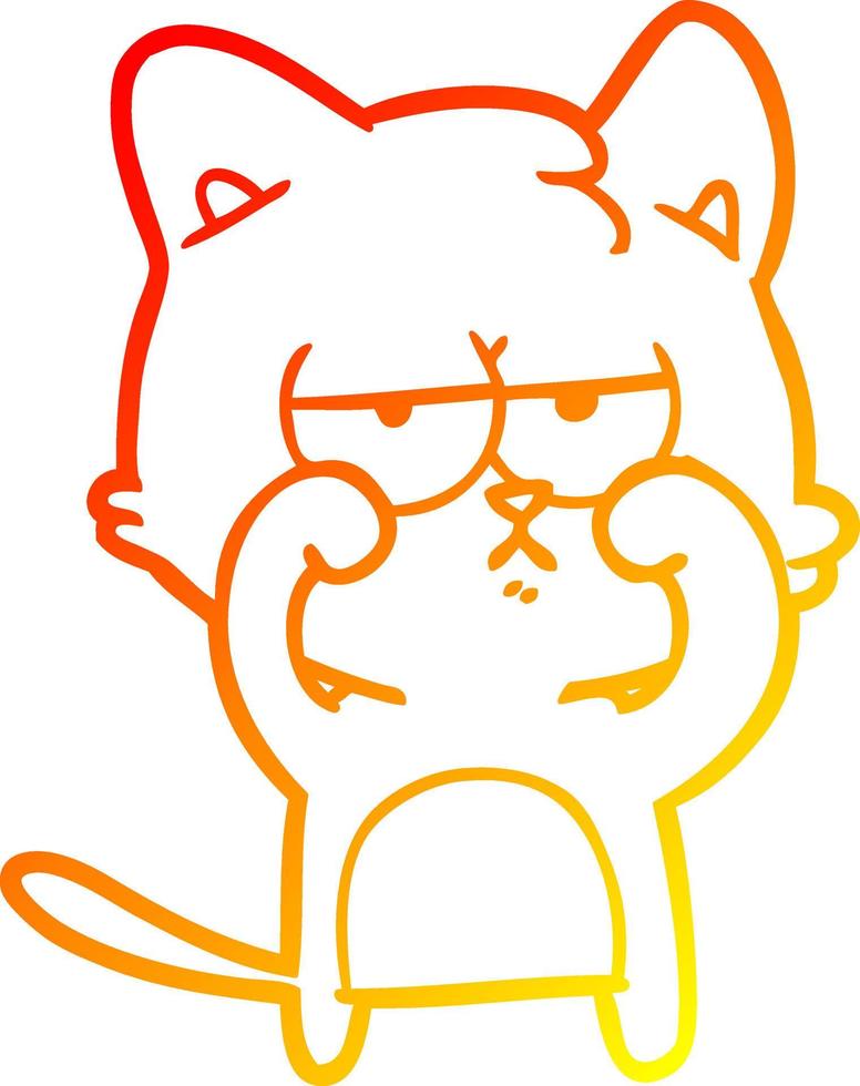 warm gradient line drawing tired cartoon cat rubbing eyes vector