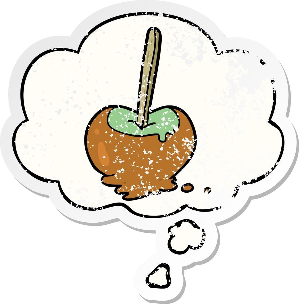 cartoon toffee apple and thought bubble as a distressed worn sticker vector