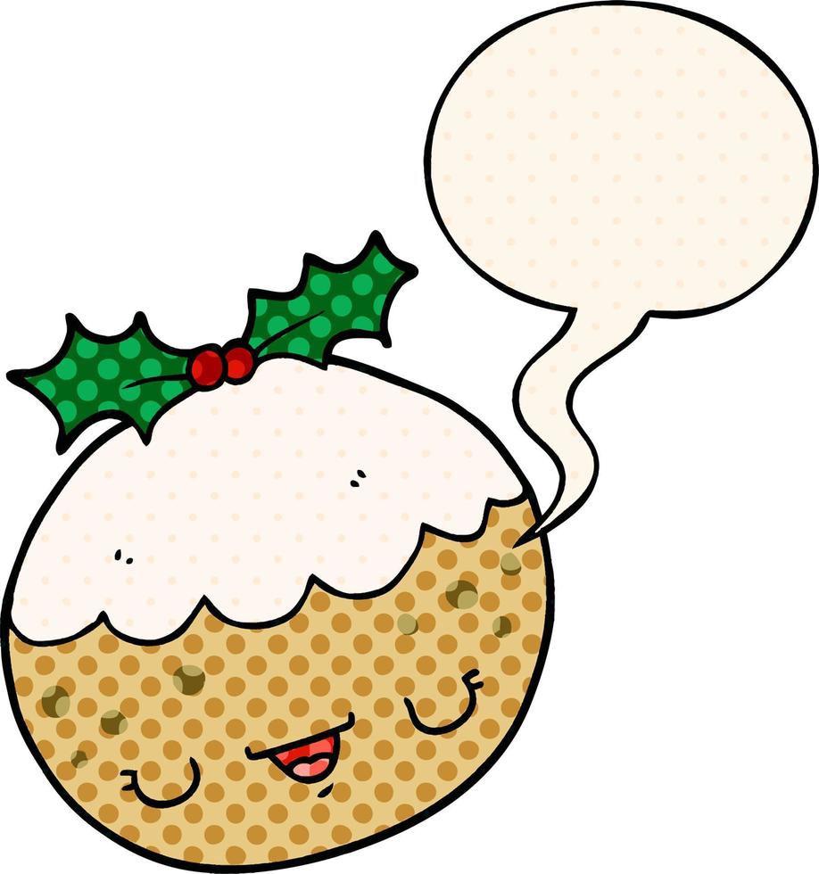 cute cartoon christmas pudding and speech bubble in comic book style vector