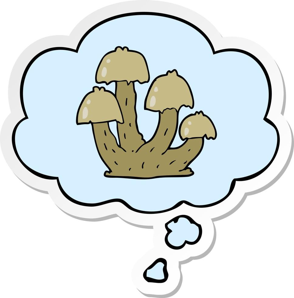 cartoon mushrooms and thought bubble as a printed sticker vector