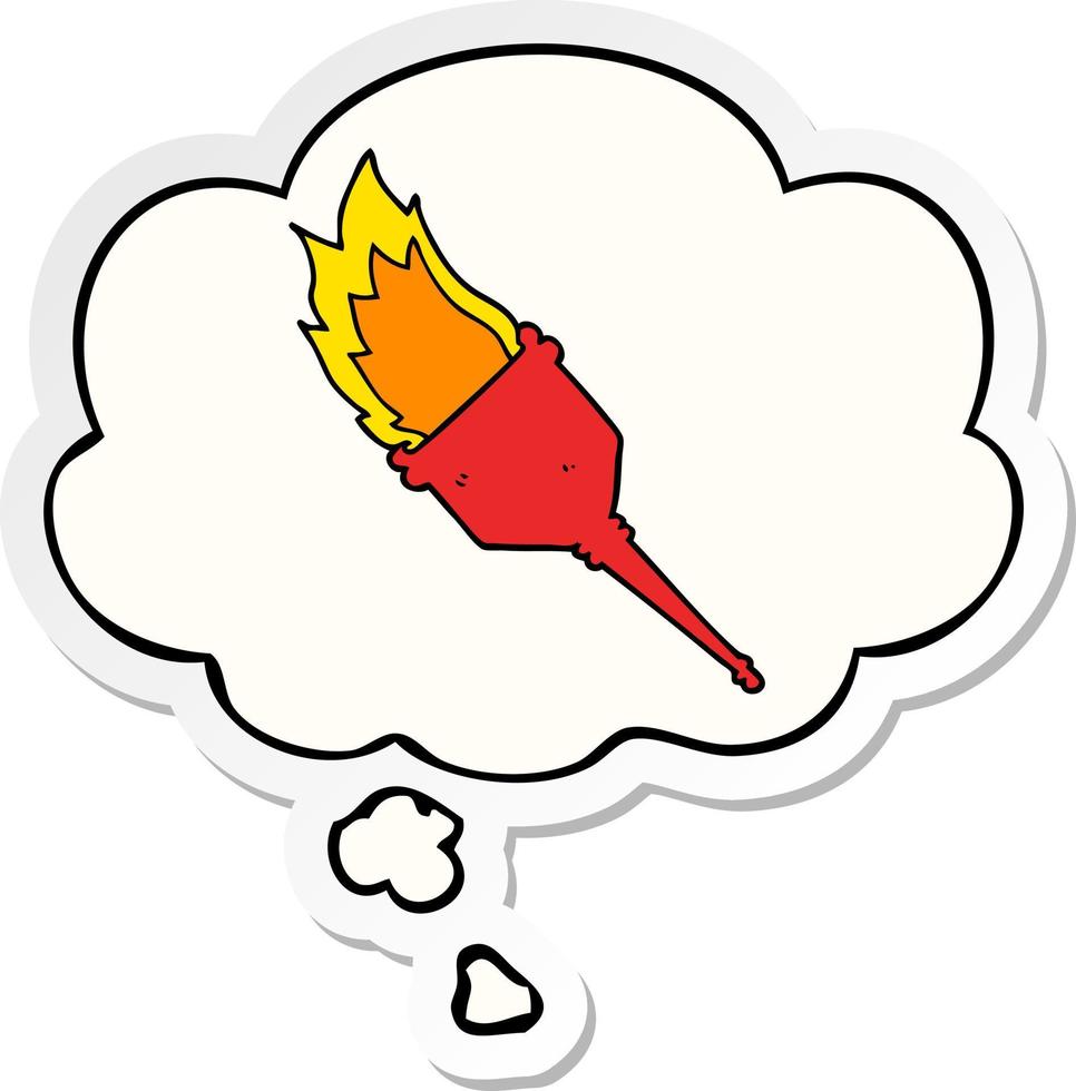 cartoon flaming torch and thought bubble as a printed sticker vector