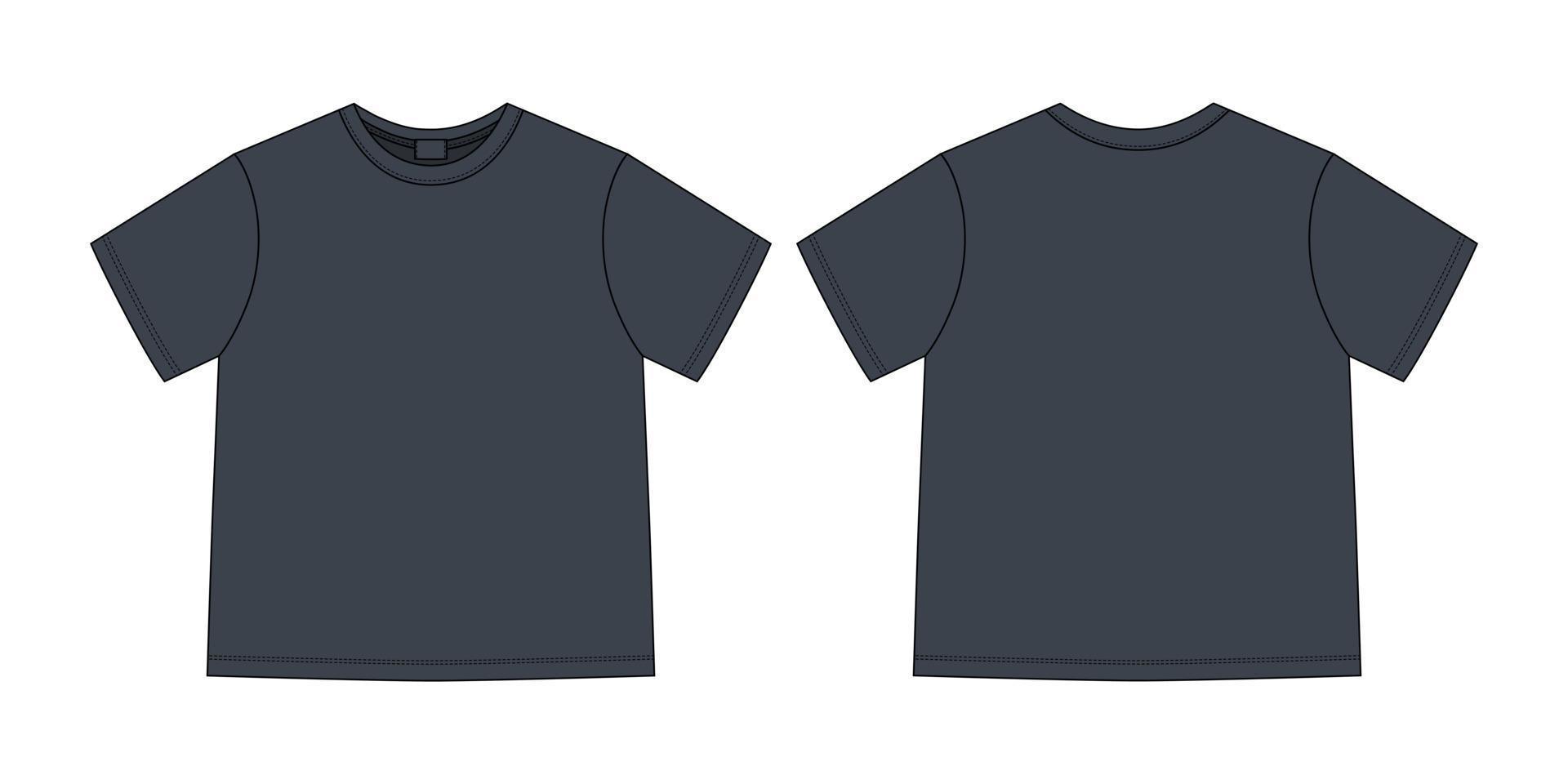 Apparel technical sketch unisex t shirt. Black color. T-shirt design template. Front and back views. vector
