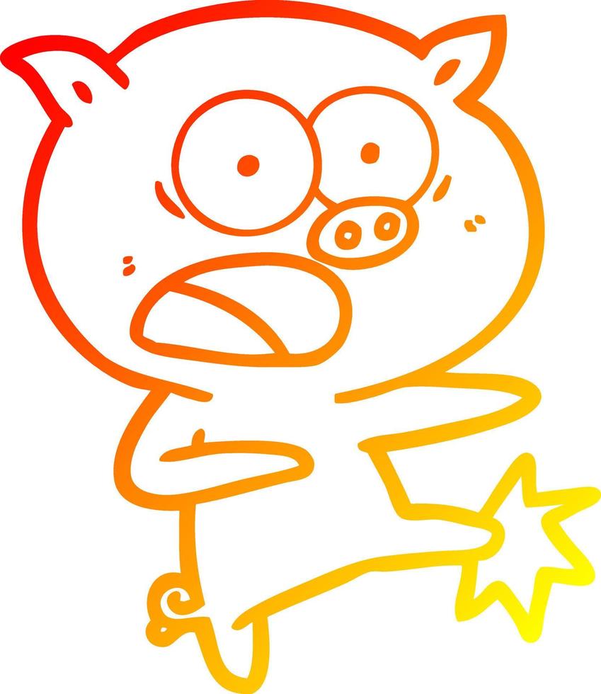 warm gradient line drawing cartoon pig shouting and kicking vector