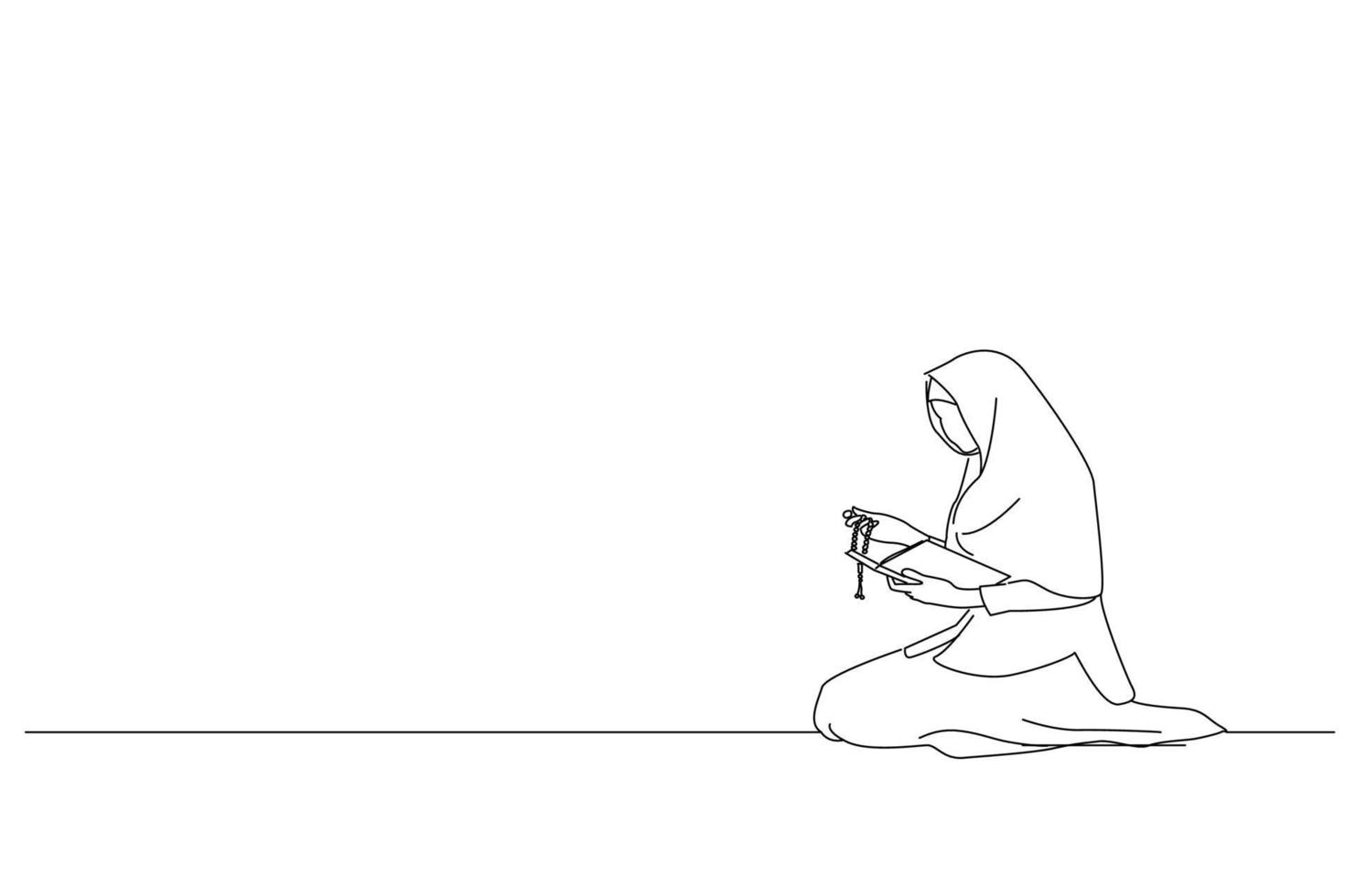 Illustration of muslim woman praying. Outline drawing style art vector