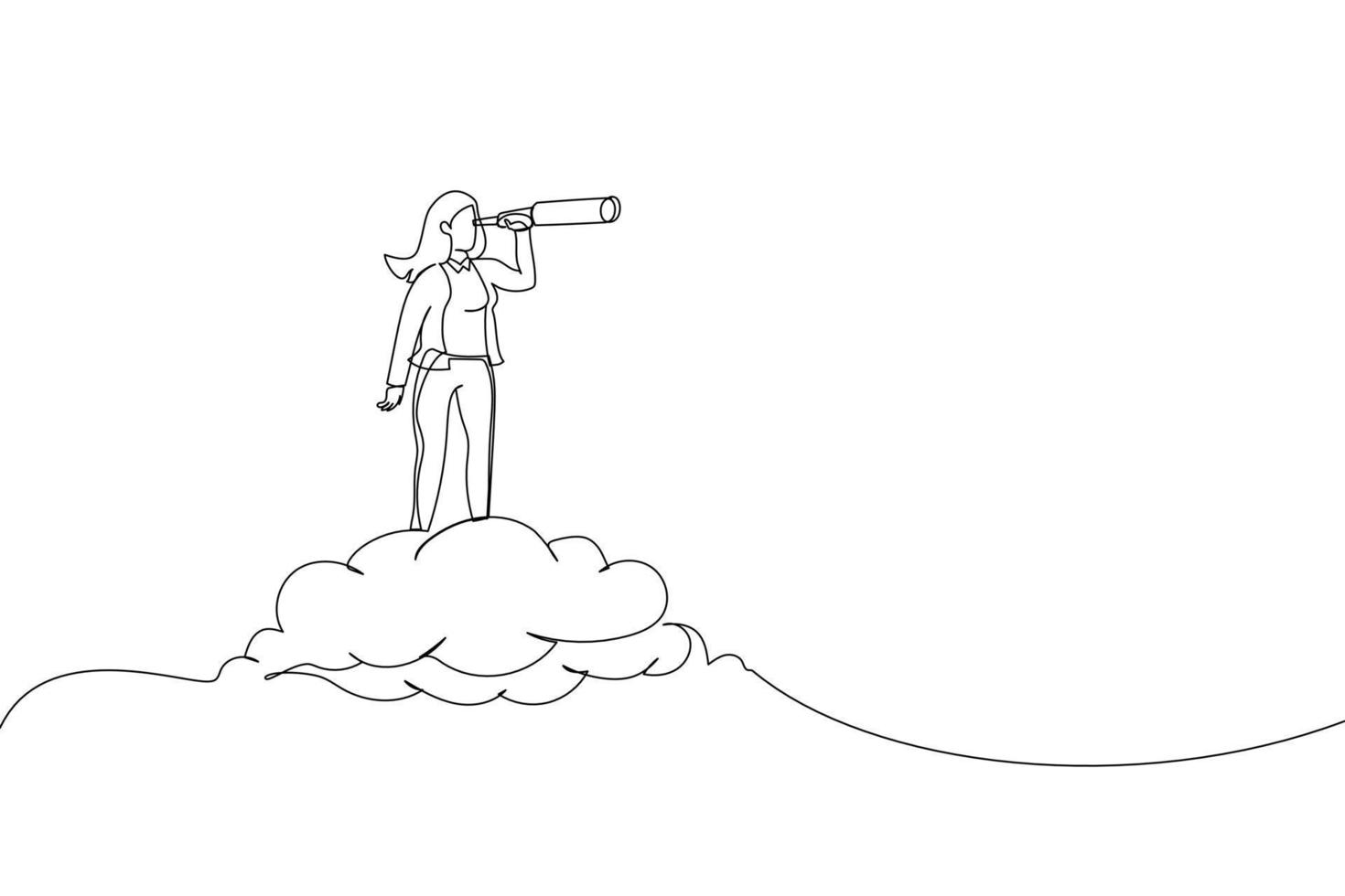 Illustration of businesswoman riding cloud holding telescope or binocular to search for business visionary. Opportunity, vision company target concept. One continuous line art style vector