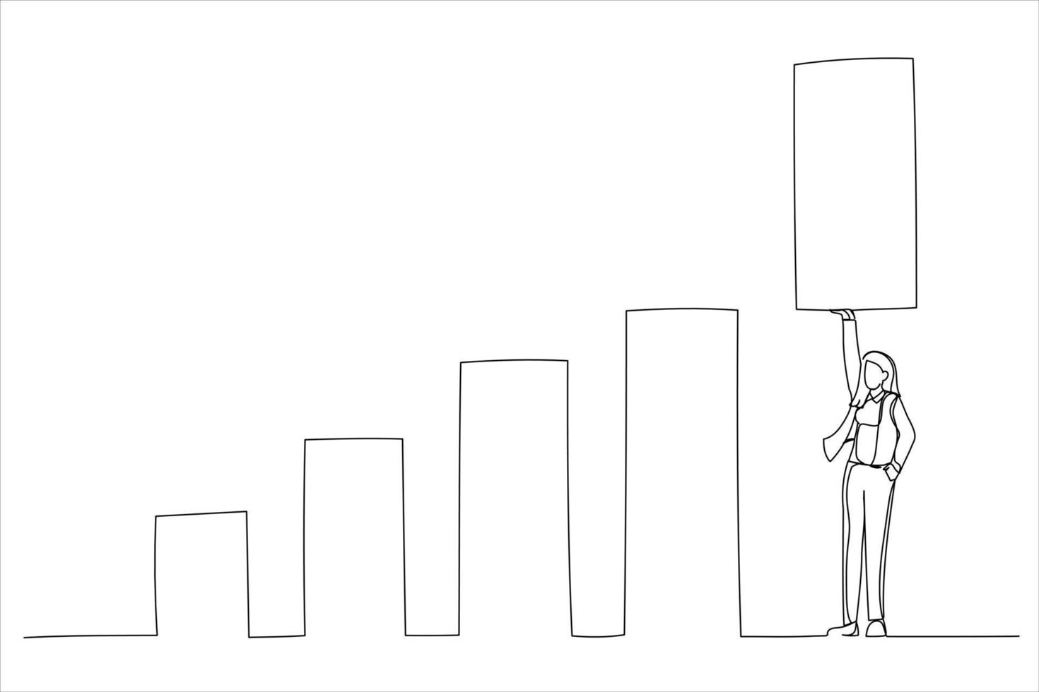 Drawing of confident businesswoman help lift up bar graph to new high level. Increase sales or revenue raising. Single line art style vector