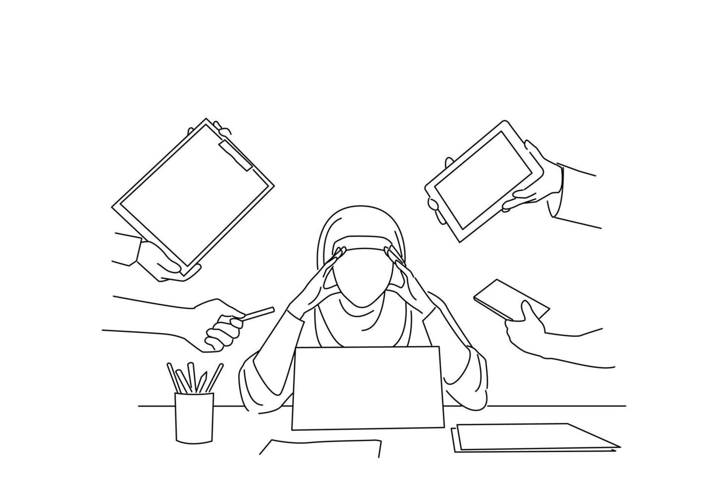 Drawing of Multitasking and Overworked Asian Muslim Businesswoman Tired Of Multiple Tasks At Work In Modern Office. Outline drawing style art vector