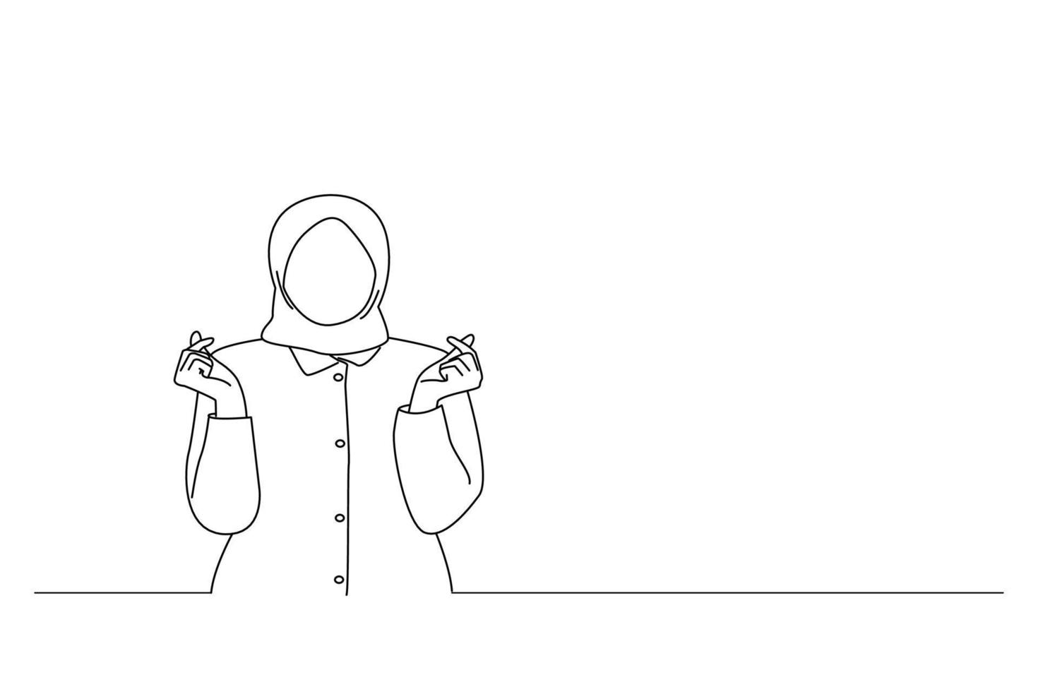 Cartoon of smiling young asian muslim business woman showing finger hearts. One line art vector