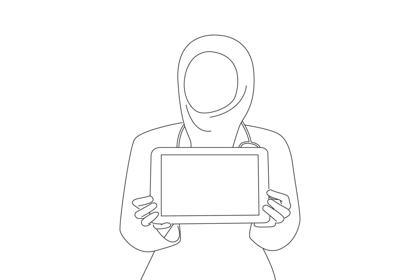 Drawing of young muslim female doctor demonstrating blank screen of tablet. Outline drawing style art vector