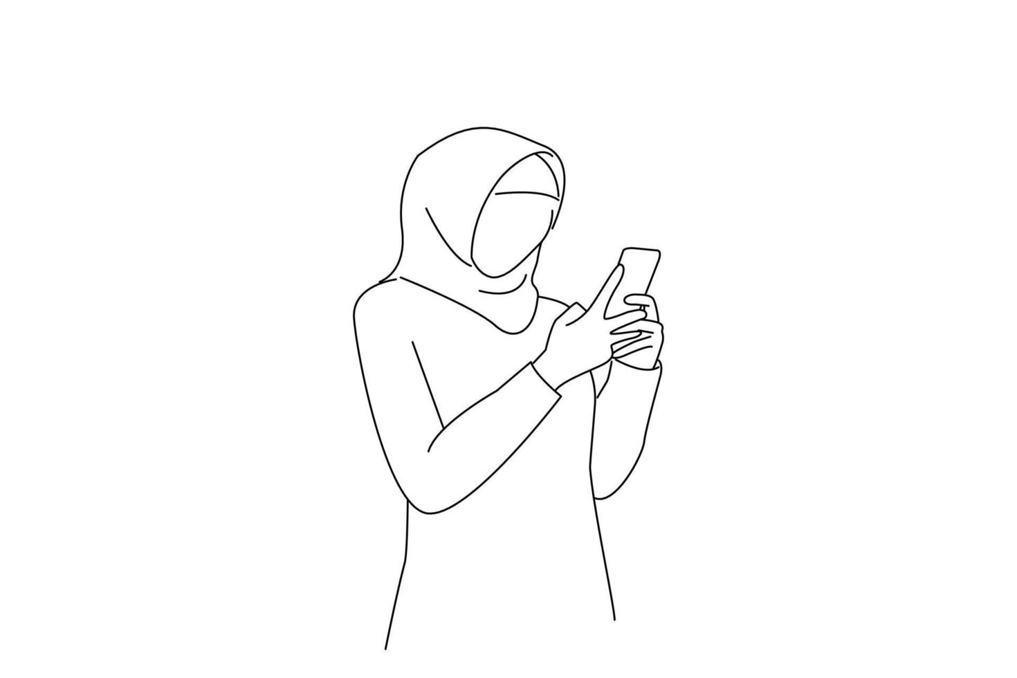 Drawing of asian muslim woman confused and surprised looking at smartphone. Outline drawing style art vector
