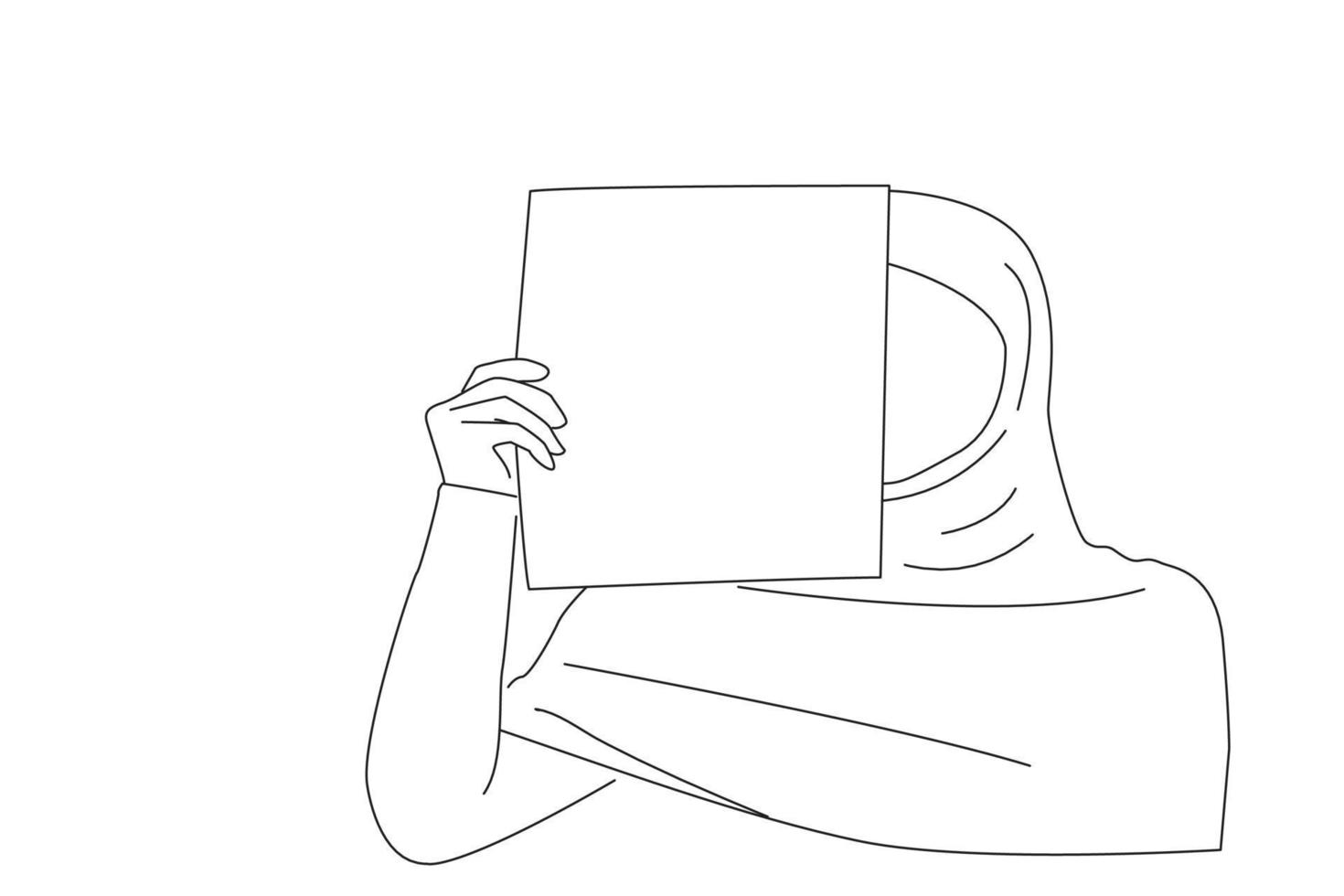 Illustration of arabic girl in hijab covering half of her face with blank white sheet of paper, copy space. Outline drawing style art vector