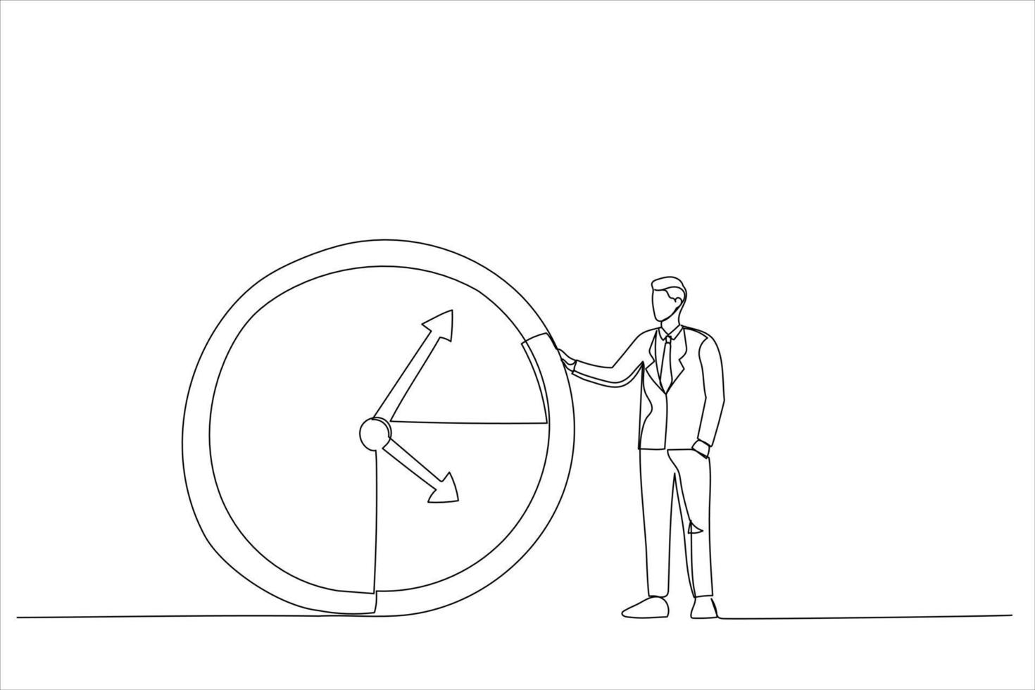 Drawing of businessman or manager is standing near a big clock. Time management concept. Single line art style vector