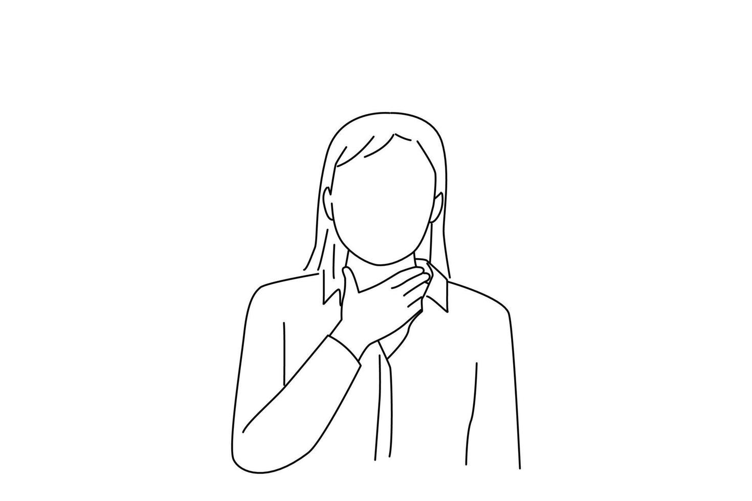 Cartoon of woman worker holding her inflamed throat pain. line art style vector