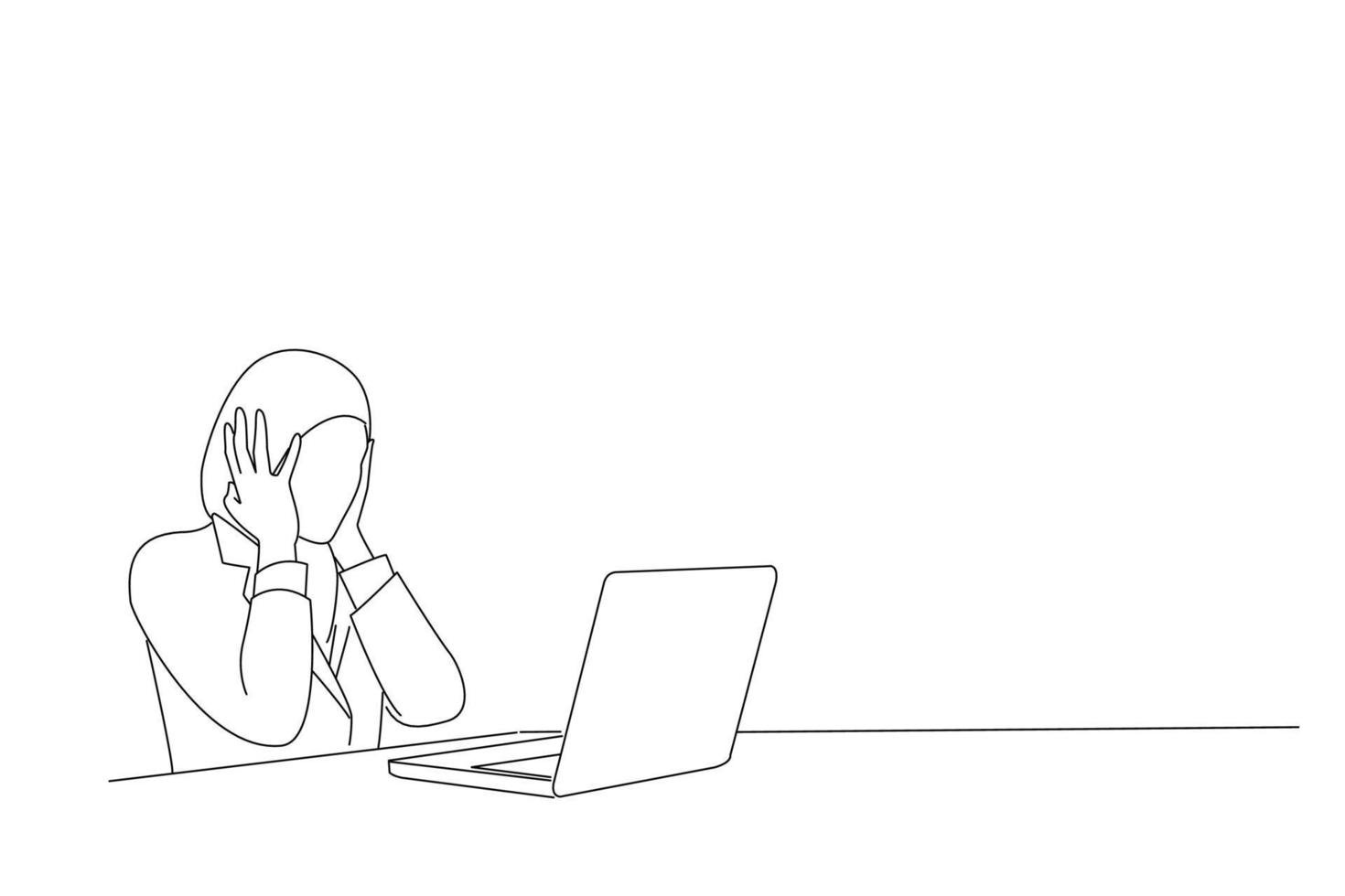 Drawing of beautiful muslim business woman scared, terrified sitting at the desk working using laptop. Oneline art drawing style vector