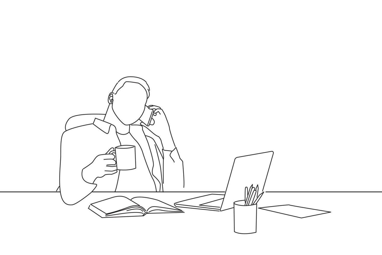Cartoon of cheerful employee talking on phone and holding cup with hot drink having coffee break. Line art style vector