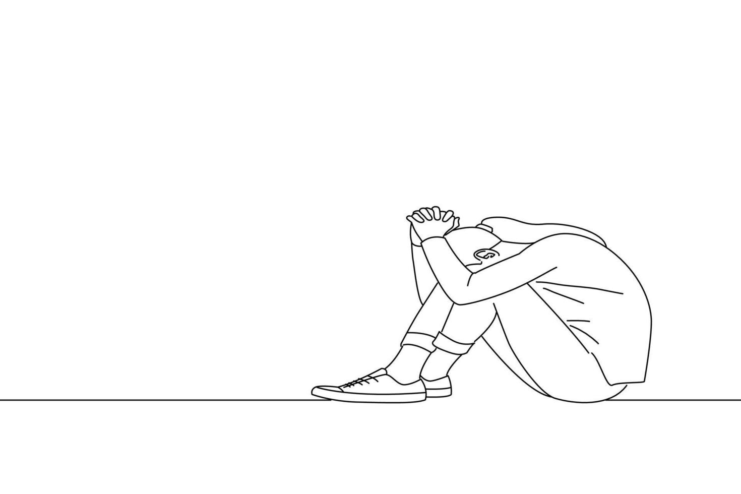 Cartoon of depressed sad teen girl sit on sill crying alone at home, upset desperate. Oneline art drawing style vector