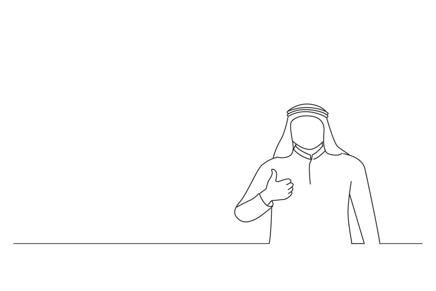 Drawing of young arab businessman doing happy thumbs up gesture with hand. Outline drawing style art vector