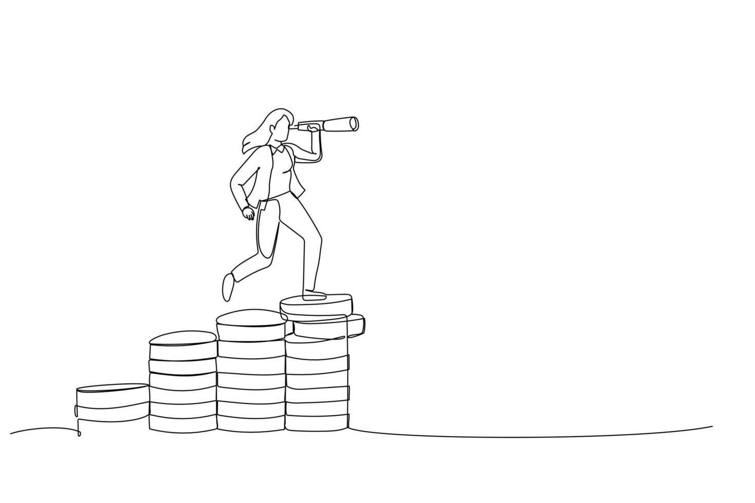 Cartoon of businesswoman leader on raising money stack using telescope or spyglass looking forward for business opportunity. Economic forecast concept. Continuous line art style vector