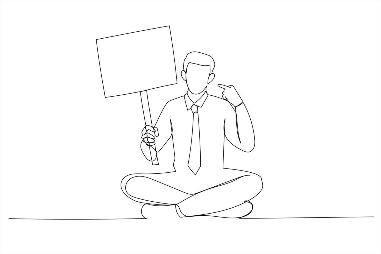 Illustration of young man holding blank poster. One continuous line art style vector