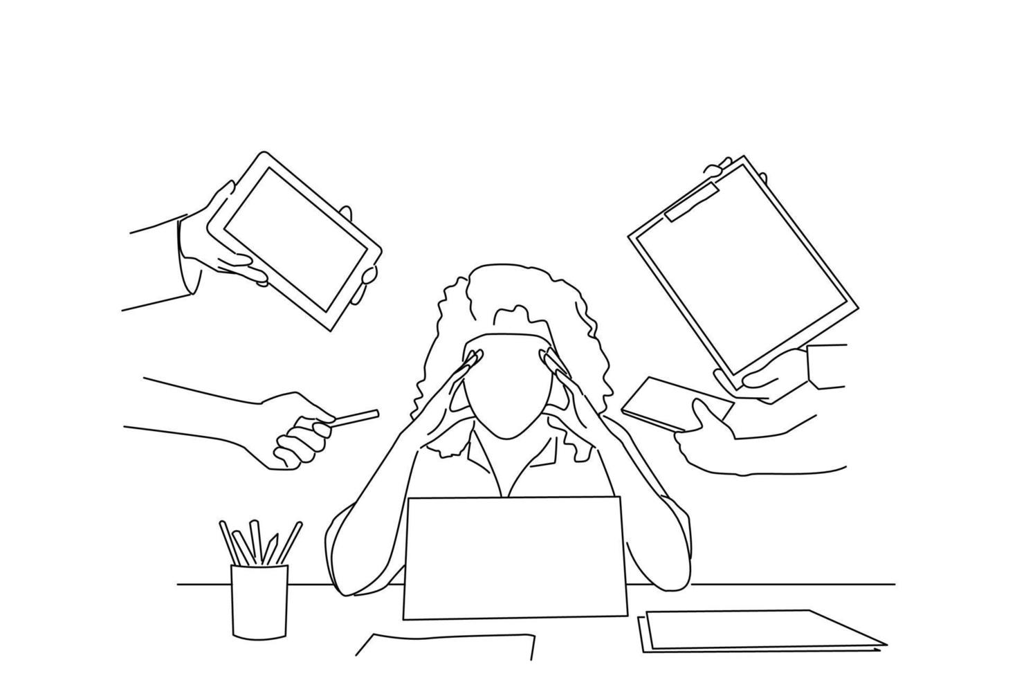 Cartoon of Multitasking, Overworked Businesswoman Sitting Touching Head Ignoring Colleagues. line art style vector