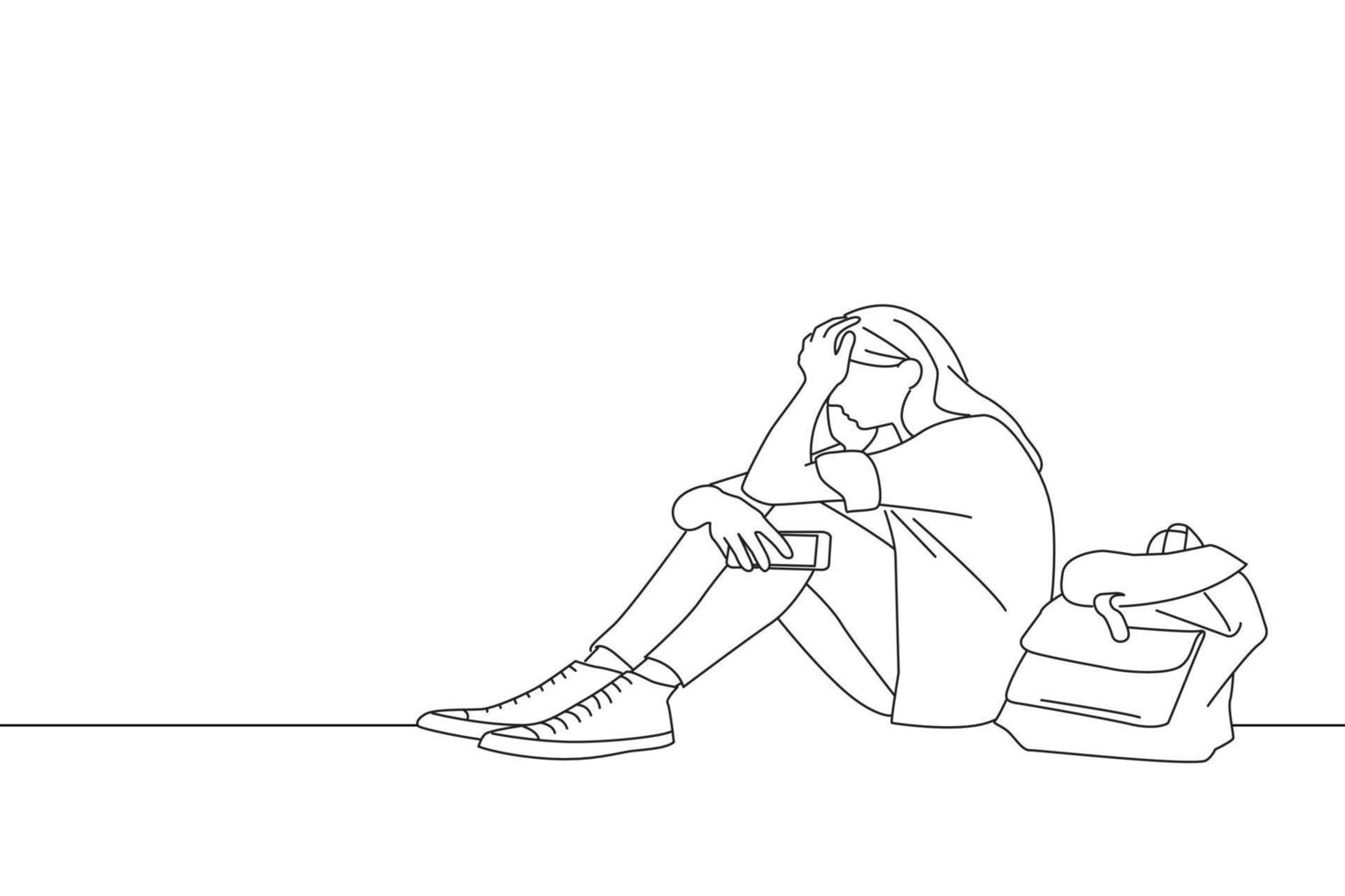 Drawing of upset and depressed girl holding smartphone sitting on college campus floor holding head. Oneline art drawing style vector